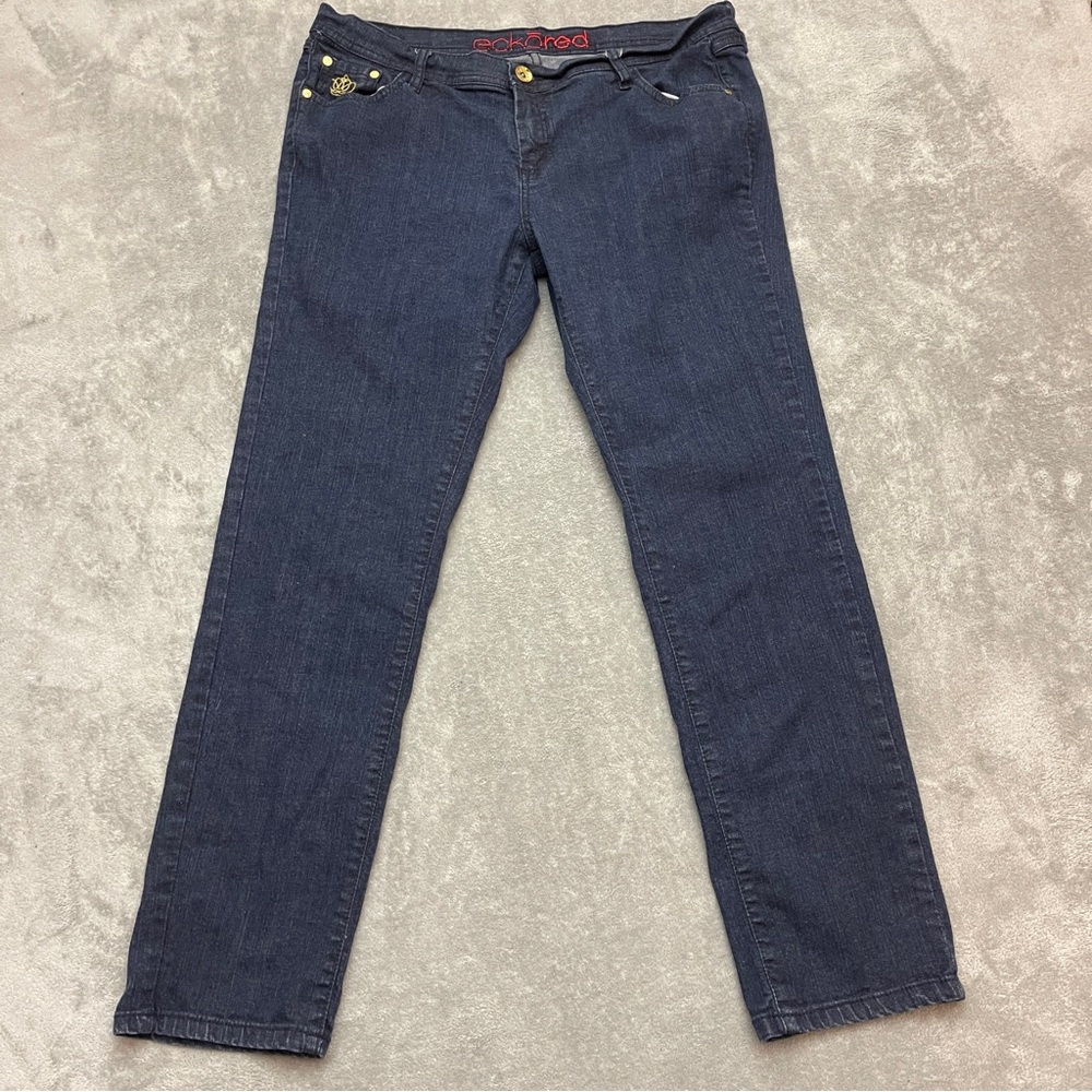 Ecko Red Womens Jeans Blue 32 Low Rise Straight Denim Embroidered (Actual 34x29)